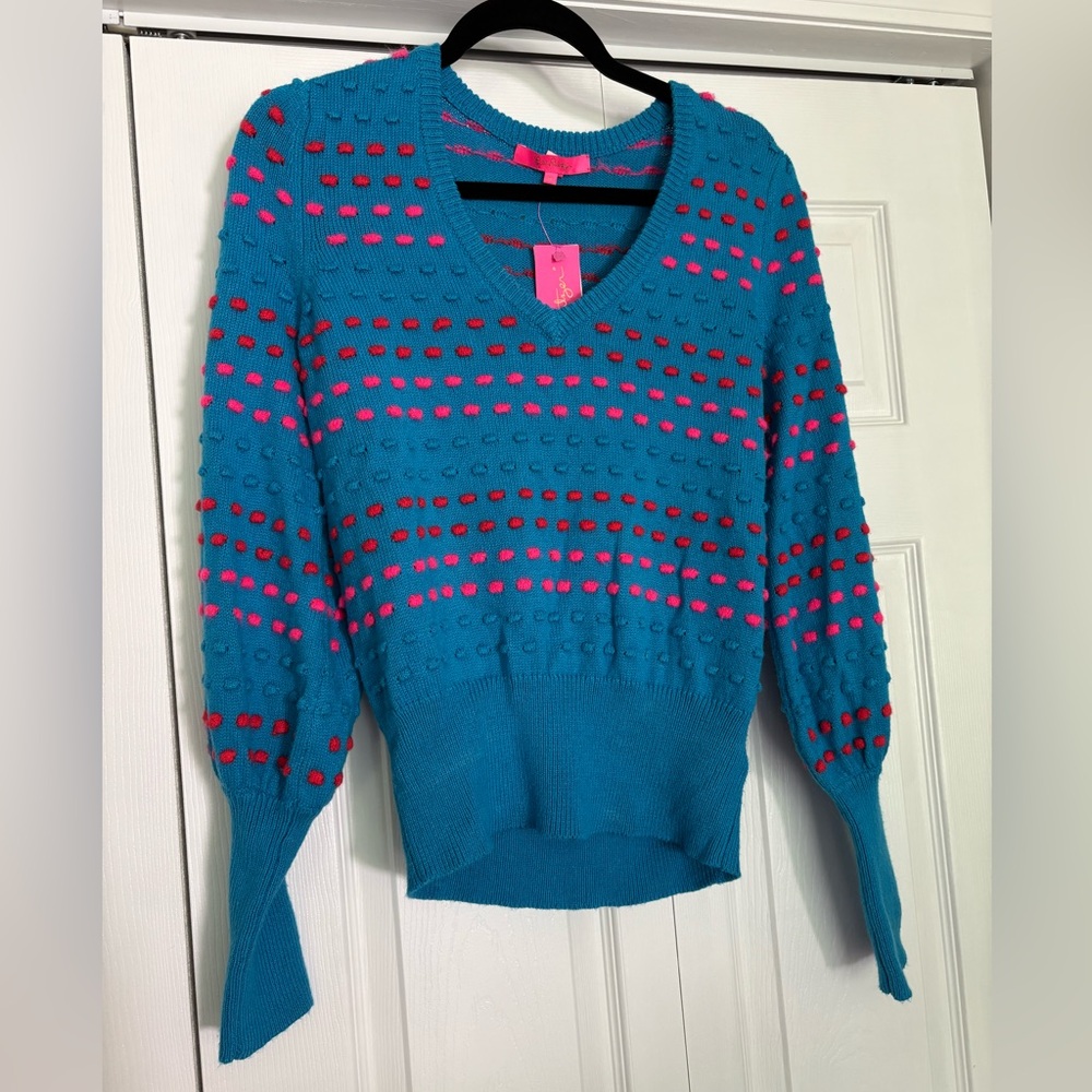 NWT Lilly Pulitzer Robena sweater in teal bay stripes pink & red size medium